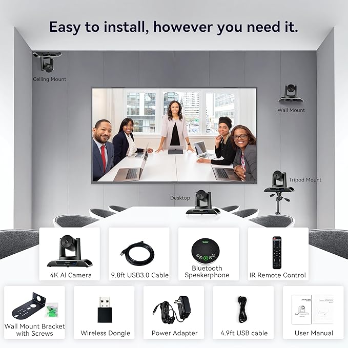 4K Conference Room Camera System, AI Auto-Tracking PTZ Camera 5X Digital Zoom with Speakerphone Set 120° Wide-Angle USB3.0 for Zoom YouTube Teams OBS and More