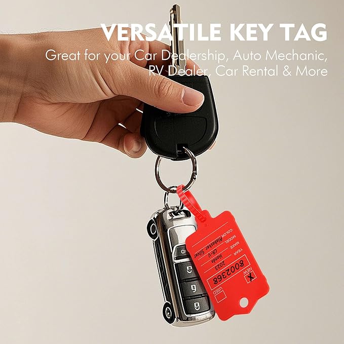 50 Car Key Tags with Labels Plastic Car Dealership Key Tags Self Locking Automotive Identifiers Blank Shop Labels with One Pen (Red)