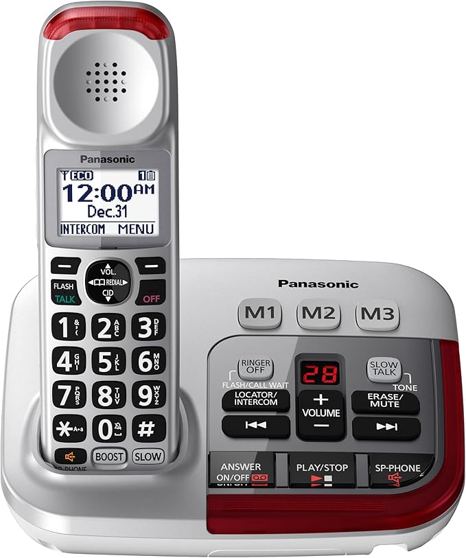 Panasonic Amplified Cordless Phone with Slow Talk, 50dB Volume Boost, 112dB Lound Visual Ringer, Hearing Aid Compatibility, Large Screen and Backlit Keypad - KX-TGM450S - 1 Handset (Silver)