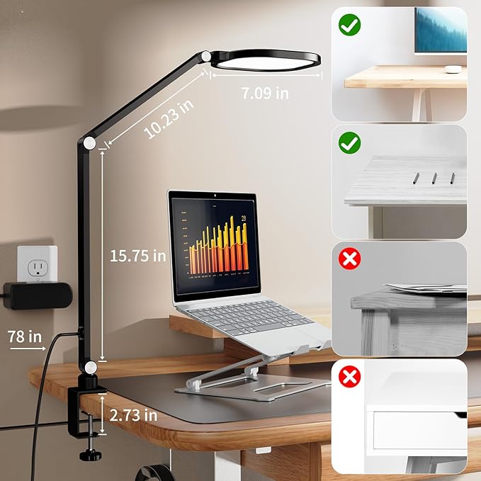 2 Packs Led Desk Lamps for Home Office, 1200LM Dimmable Clamp-on Desktop Light, Adjustable Swing Arm Ring Light with Stand, Memory & Timer Function, Eye-Caring Design