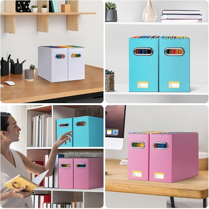 BALEINE File Organizer Box, Cardboard File Folder Organizer with Handle for Letter Size, Portable Collapsible Hanging Filing Box for Home Office Document Storage (4 Pack, Blue)