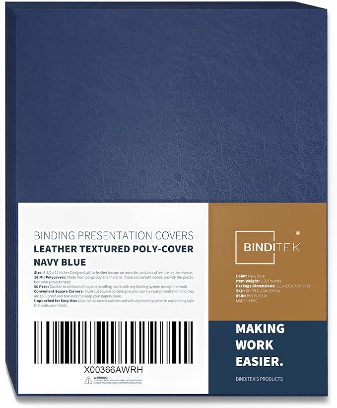 Binditek 50 Pack 16 Mil Leather-Textured Heavyduty Polycovers, Letter Size, Plastic Binding Presentation Back Covers, 8-1/2 x 11", Square Corners, Unpunched, Navy