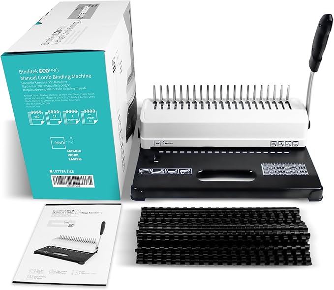 Binditek Binding Machine, 19-Hole, 450 Sheets, Comb Binder Machines with 100 PCS 1/2" Comb Spines, for Letter Size, A5 or Smaller Sizes