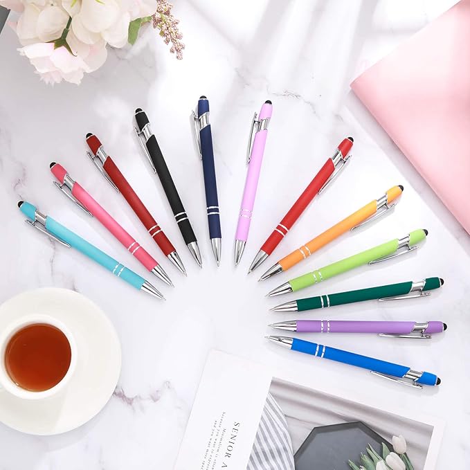 Tenare 12 Pieces 2 in 1 Stylus Metal Ballpoint Pen with Stylus Tip, 1.0 mm Black Ink Ballpoint Pen for Touch Screens(Mixed Color)