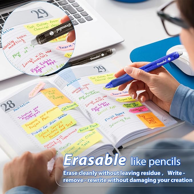 8-Pack Erasable Ink Pens with Built-in Eraser | 0.7mm Fine Point Gel Pens for Smooth Writing - Gel Pens for School, Office, Journals & Exams,Blue pens,Blue Ink pens