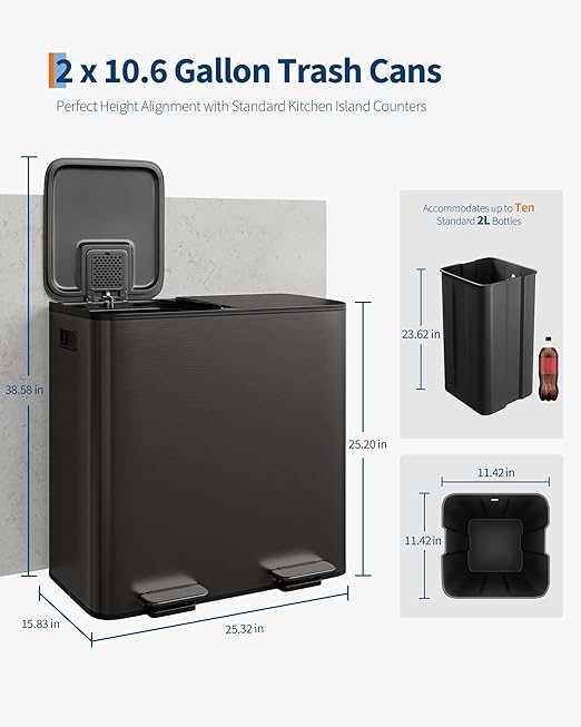 GarveeHome 2 x 10.6 Gallon Stainless Steel Double Trash Can with Lid for Kitchen, Large Dual Trash and Recycle Bin Combo, Step-on Kitchen Metal Garbage Cans, PP Inner Buckets, Liner Rim, Matte Black