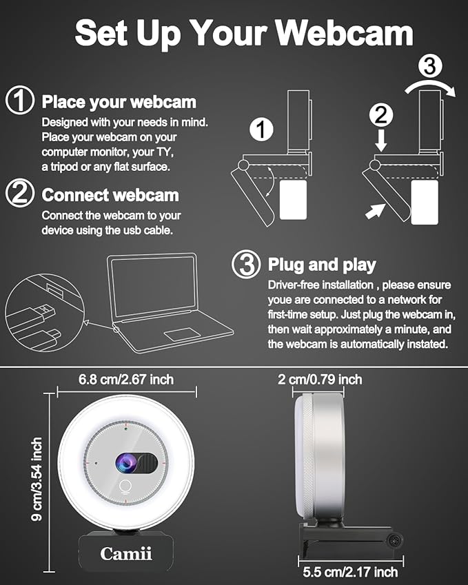 2K Webcam with Light, HD Webcam for PC with Built-in Privacy Cover, Adjustable Brightness, Noise Reduction Mics, for Zoom Skype Teams Laptop and Google Meet