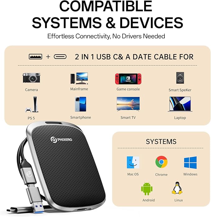 PHIXERO P5PLUS Portable SSD 256GB Up to 550MB/s, USB 3.2 Gen 2 External Solid State Drive,USB C to C&A for Smartphone,Tablet,PC,Labtop (Black)