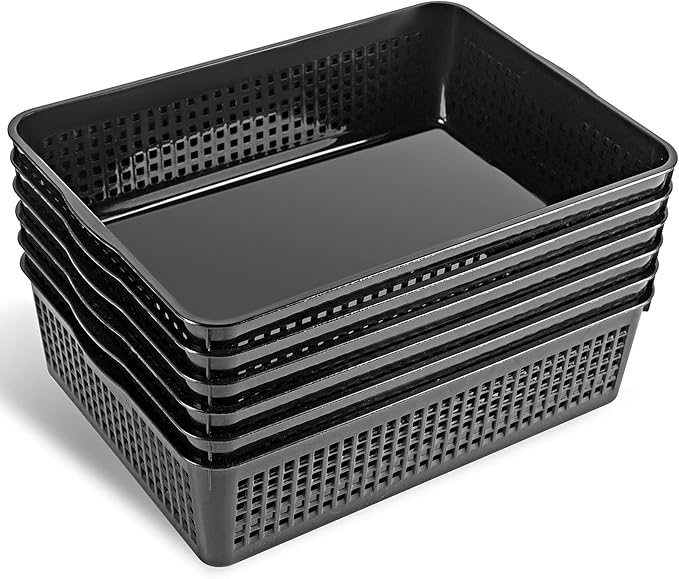 A4 Size Plastic Storage Basket,Desktop File Paper Letter Organizer Tray, 6-Packs (Black)