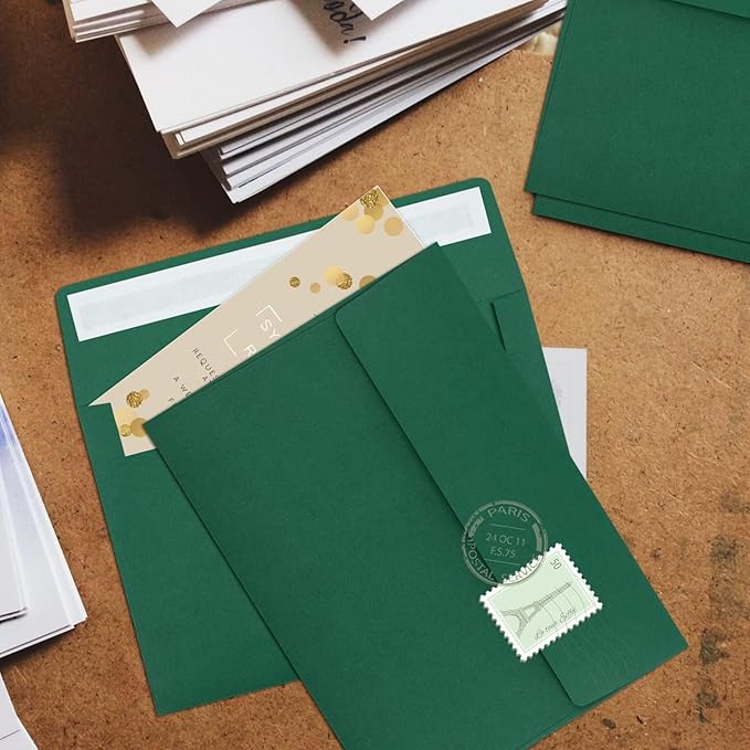 65 Pack Dark Green Self Seal Envelopes - A4, 4x6 Sizes for Invitations, Weddings, Photos, Greeting Cards & Mailing