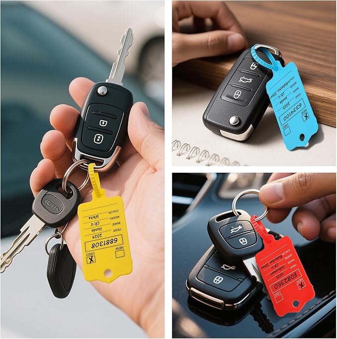 100 Car Key Tags with Labels Plastic Car Dealership Key Tags Self Locking Automotive Identifiers Blank Shop Labels with One Pen (Mixed Color)