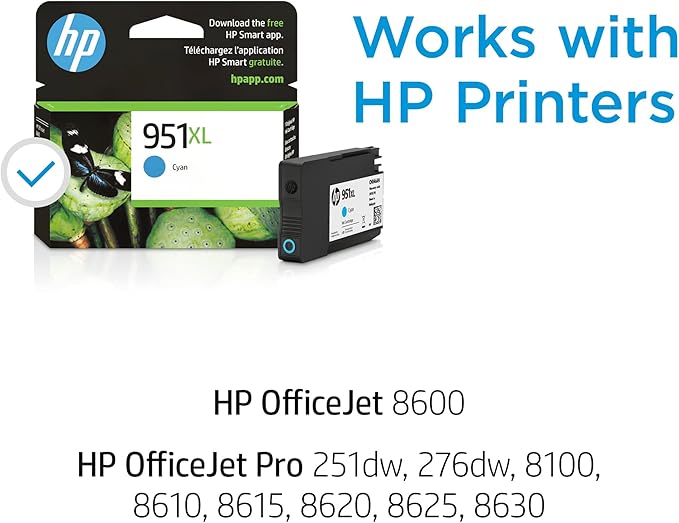 HP 951XL Cyan High-yield Ink Cartridge for HP Printers | Works with Printer Series: OfficeJet 8600, Pro 251dw, 276dw, 8100, 8610, 8620, 8630 | Eligible for Instant Ink | CN046AN