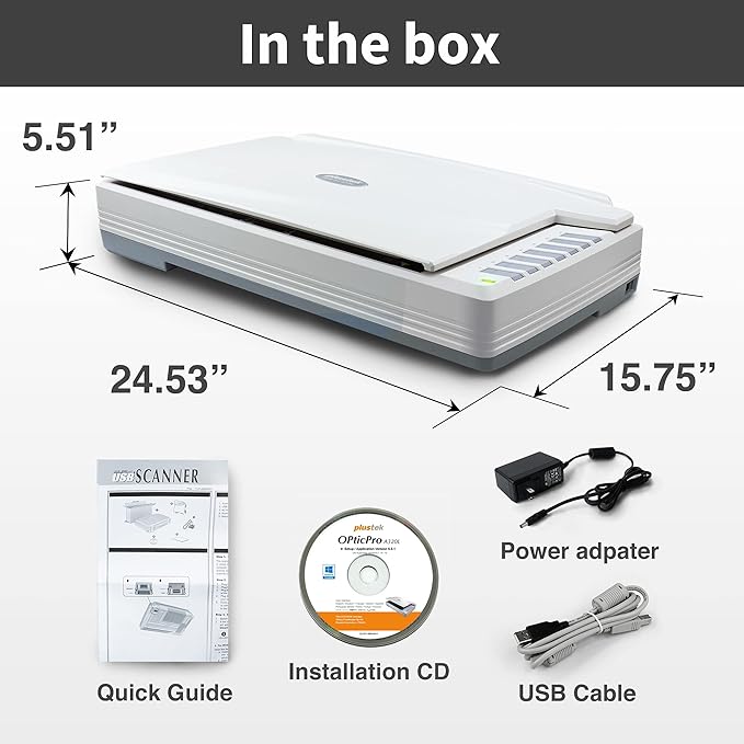 Plustek OpticPro A320E - A3 CCD Sensor Flatbed Scanner, 12" x 17" scan Area with 7.8 Second Speed. Windows,Mac, ICA & Twain Compliant.