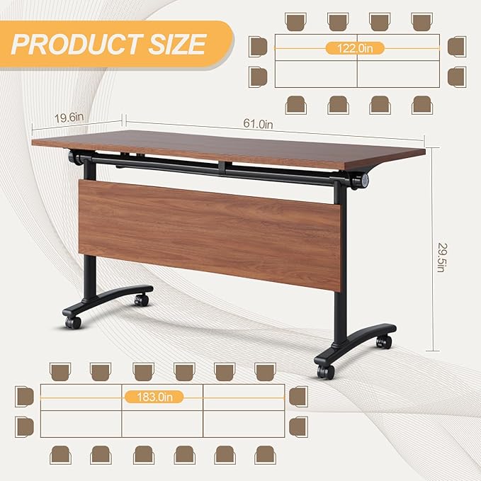 Conference Room Table with Silent Wheels, Mobile Folding Conference Table for 16 Person,Flip Top Office Training Tables with Walnuts Wood Tabletop, for School,Business Meeting Rooms (8Pack 63in)