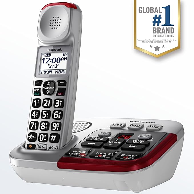 Panasonic Amplified Cordless Phone with Slow Talk, 50dB Volume Boost, 112dB Lound Visual Ringer, Hearing Aid Compatibility, Large Screen and Backlit Keypad - KX-TGM450S - 1 Handset (Silver)