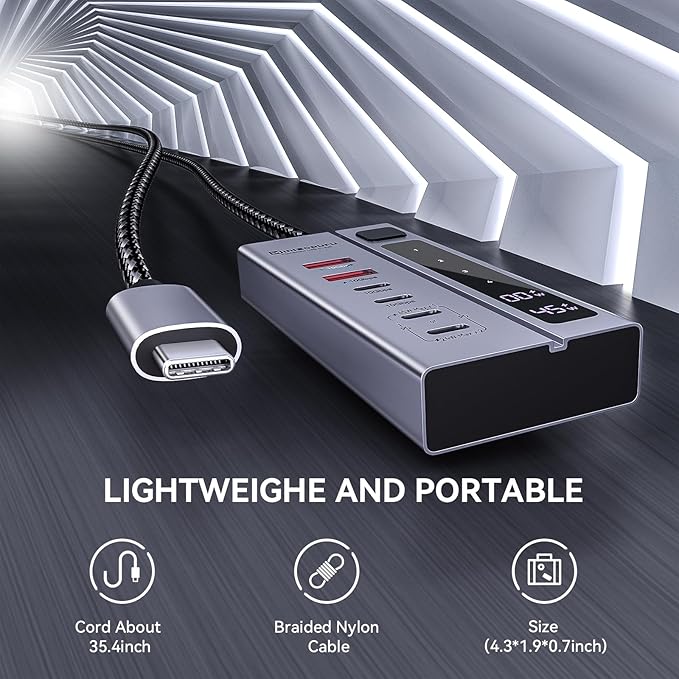 Minisopuru Powered USB C Hub – Support Max 45W Charging, 10Gbps Data Transfer, 6 IN1 USB C Hub with 72W Power Adapter, Compatible with Meta Quest Pro, Steam, iPad Pro, iPhone, Watch (Not for Monitor)