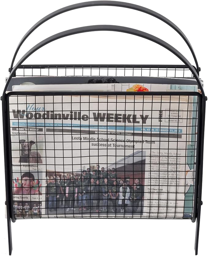MyGift Mid-Century Design Magazine Rack, Matte Black Tone Metal Mesh Freestanding Magazine Organizer Holder Sling