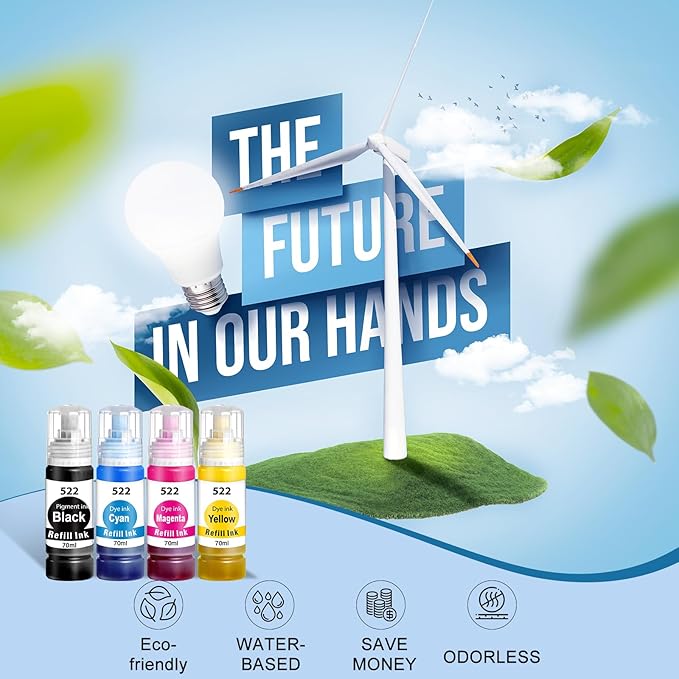 522 High Capacity Ink Refill Bottle Combo Pack Compatible for Epson 522 Ink Works with EcoTank ET-2400, ET-2720, ET-2800, ET-2803, ET-2840, ET-4700, ET-4800, ET-4810 Printer (4 Pack,70ML)