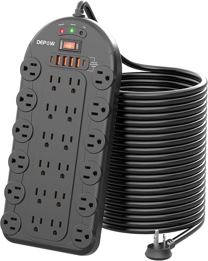 20 Ft Power Strip Surge Protector (3,400 Joules), DEPOW 24 AC Multiple Outlets (1875W/15A) with 6 USBs (2 USB-C Ports), ETL Listed, Flat Plug Heavy Duty Long Extension Cord for Home, Office, Black