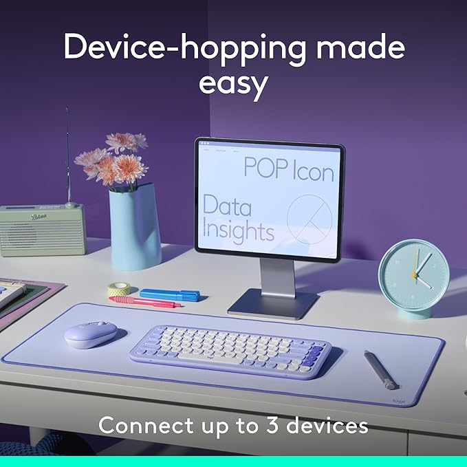 Logitech POP ICON Combo, Bluetooth Keyboard and Mouse Combo, Comfortable Typing, programmable Keys and Buttons, Quiet clicks, Easy-Switch up to 3 Devices - Lilac