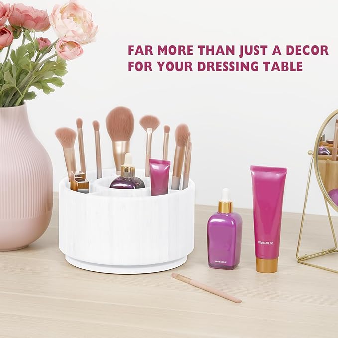 Bamboo Rotating Round Art Supply Organizer, Pencil Holder Desk Organizer with 7 Compartments, Office Supplies Desktop Storage Caddy for Colored Pencils(white)