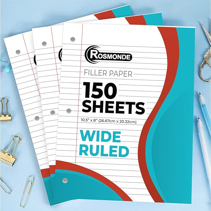 Bulk 3600 Sheets Loose Leaf Binder Filler Paper, Wide Ruled, Bulk Notebook Paper, 8 x 10.5", Loose Leaf Sheets, 3 Hole Punched, 24 Pack, 150 Sheets/Pack, Filler Papers, White
