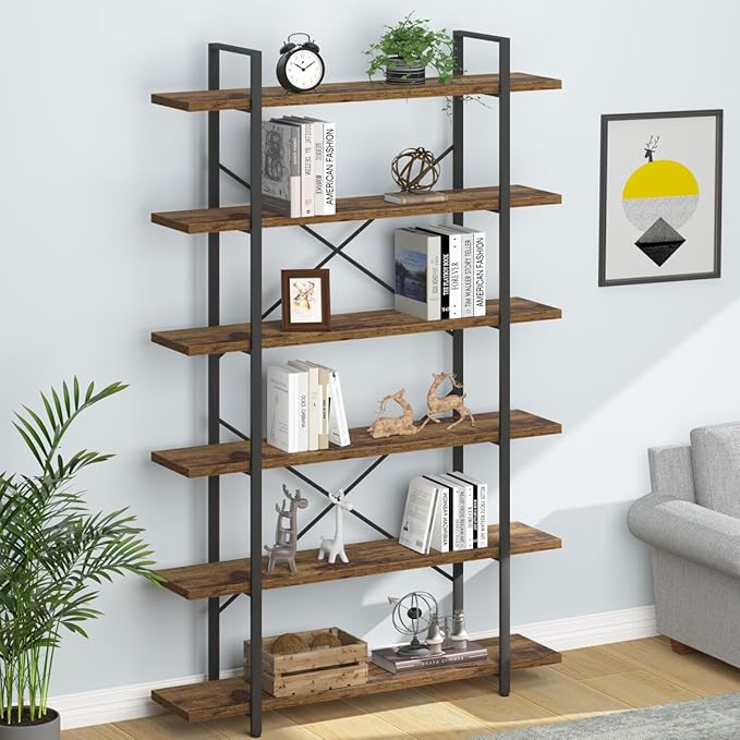 HSH 6 Shelf Tall Bookcase, Industrial Modern Large 6 Tier Bookshelf, Open Wood and Metal Display & Storage Rack,Farmhouse Bookcases and Book Shelves 6 Shelf for Bedroom Living Room Office,Rustic Brown