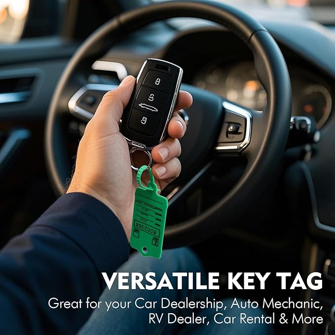 50 Car Key Tags with Labels Plastic Car Dealership Key Tags Self Locking Automotive Identifiers Blank Shop Labels with One Pen (Green)