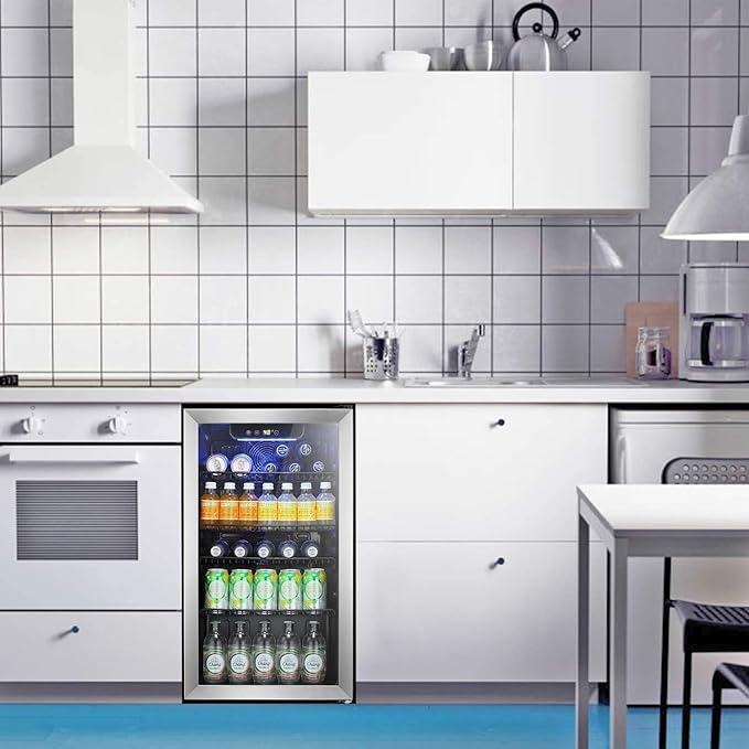 Antarctic Star Beverage Refrigerator Cooler -120 Can Glass Door Mini Fridge, for Soda Cola Beer or Wine Constant Glass Door Small Drink Dispenser Clear Front Door for Home, Bar 3.2cu.ft