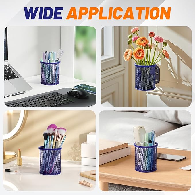 Segarty Pen Cup, 3 Pack Round Cute Dark Blue Pen Holder for Desk, Wire Mesh Pencil Holder Container Set, Desktop Organizer for Office Supplies, Maker, School, Home Storage, Makeup Brush