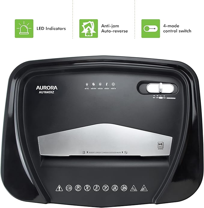Aurora Anti-Jam 16-Sheet Crosscut Paper/CD and Credit Card Shredder/ 5-Gallon pullout Basket 30 Minutes Continuous Run Time