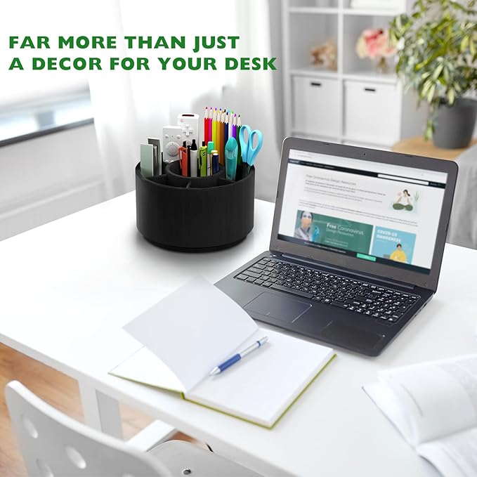 Bamboo Rotating Pencil Holder for Desk - Pen Holder Desk Organizer with 7 Compartments, Black Office Supplies Desktop Storage Caddy for Colored Pencils, Markers, Crayon, Comestics and Cutlery