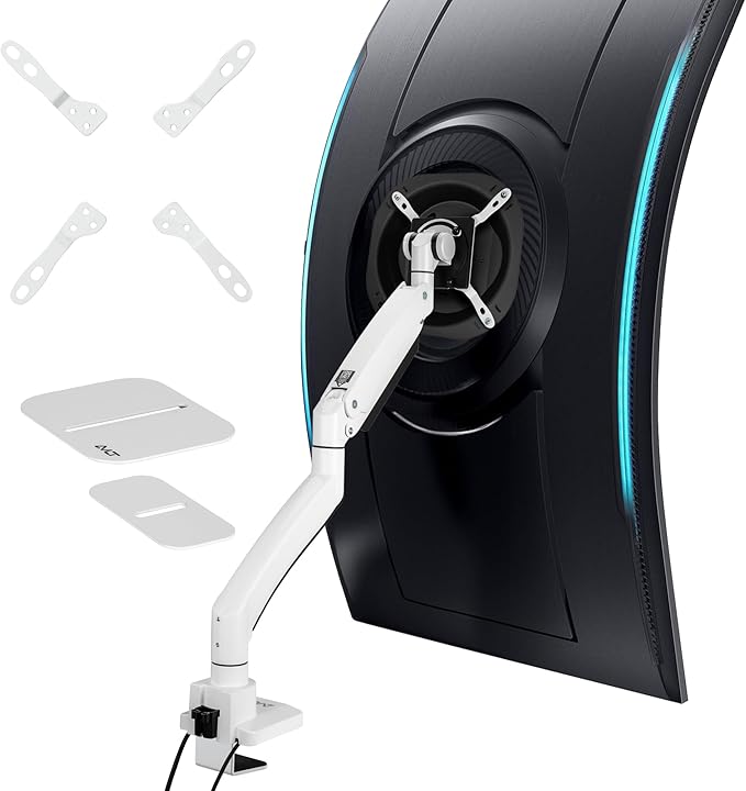 AVLT Single 17"-57" Super Ultrawide Monitor Arm for Screens Up to 59.5 lbs, Premium Aluminum Desk Stand, Adjustable Pneumatic Height, Full Motion Swivel Tilt Rotation, USB-C & USB-A Ports, White