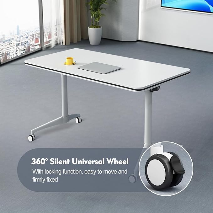 Folding Conference Room Table, Modern Mobile Training Table with Wheels, White Foldable Seminar Meeting Tables for Office Corporations (2pack 47.2in)