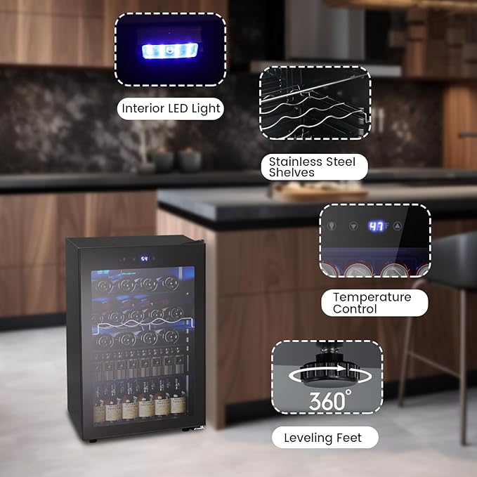 37 Bottle Wine Fridge,Freestanding 145 Can Beverage Refrigerator with Smart Temperature Control,4.5 CU FT Quiet Mini Fridge with Child Lock Panel for Family Restaurant Bar, Black