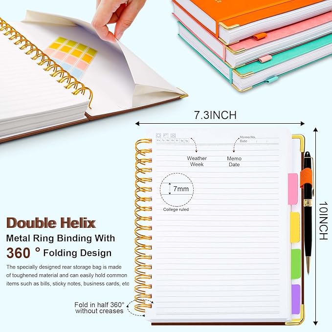 Hardcover Spiral Notebook 8"x10" Journal Notebook with Tabs and Removable Dividers 300 Pages 5 Subject Notebook College Ruled, Faux Leather Spiral Bound Notebook for Women, Students, School Work (Brown)