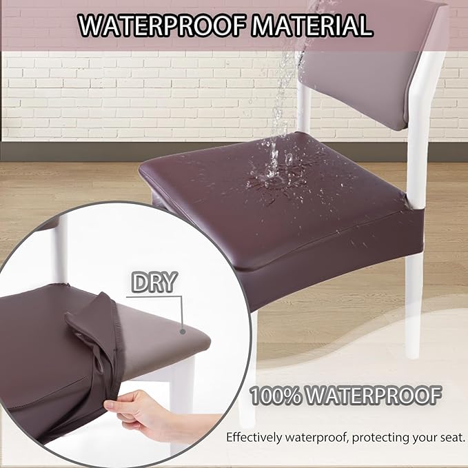 CWK Waterproof PU Leather Dining Chair Covers Set of 6 - Stretchable Chair Seat Slipcovers, Removable & Washable Protector for Dining Room,Home,Office,Wedding,Rear Covers (PU-Coffee)