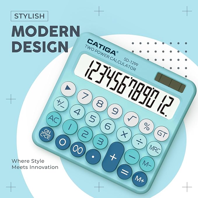 CATIGA Mechanical Switch Calculator with Solar and Battery Dual Power, 12-Digit Large LCD Display, Aesthetic and Cute Desktop Calculator with Big Button, for Home, School and Office Use, SD-1299