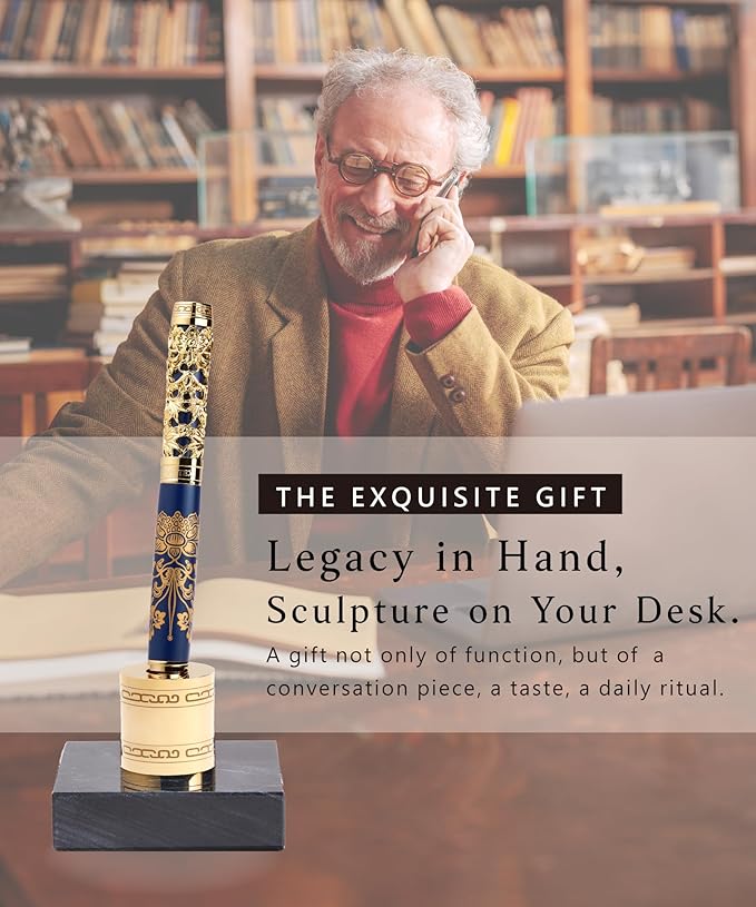 Executive Rollerball Pen Sets With Stand - Museum Art Collections - Crafting Timeless Beauty - Luxury Pen Gift & Office Desk Decor, German SCHMIDT refill, Solid Metal & Marble Texture
