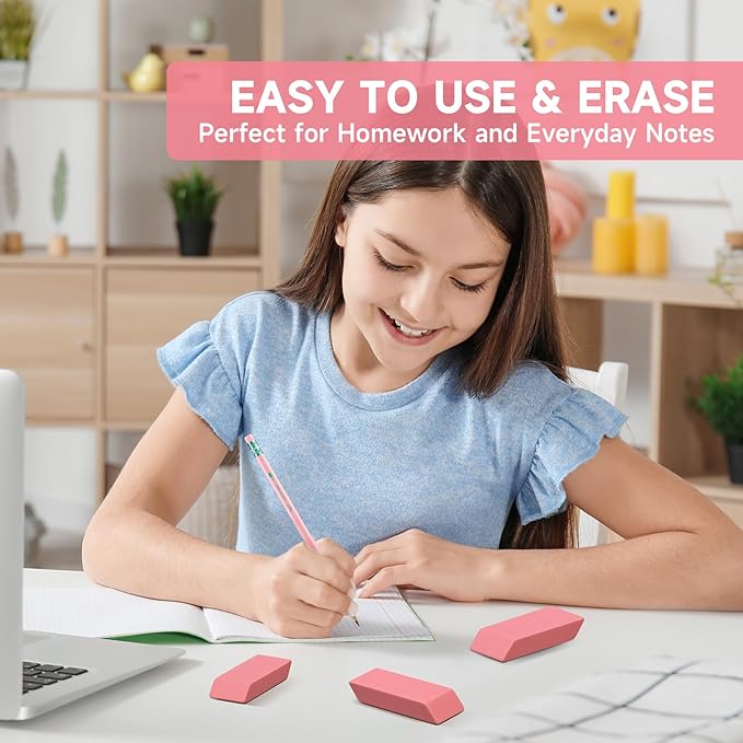 144 Pack Pink Erasers Bulk, Large Pencil Erasers for School, Classroom, Teacher, Homeschool, and Office Supplies