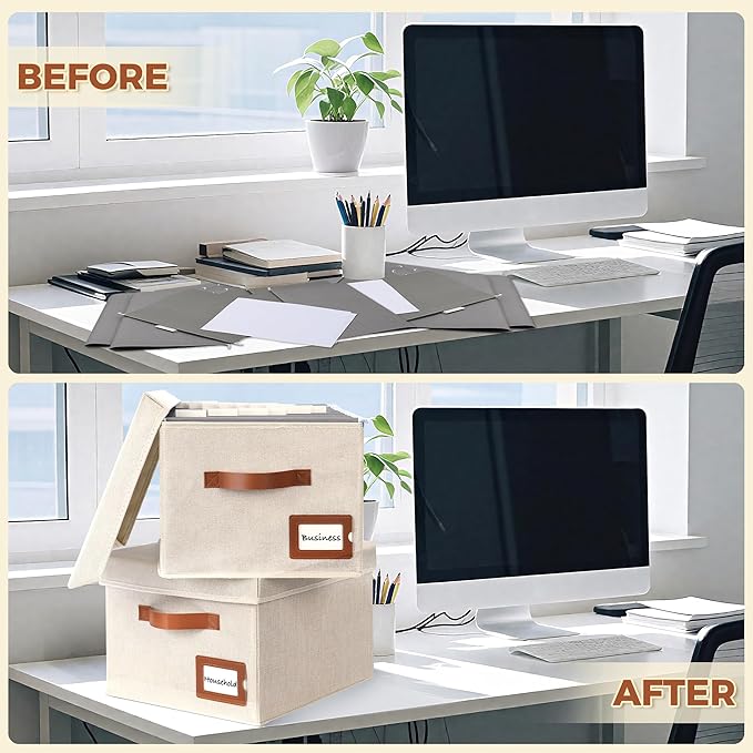 Storage Standard 2-Pack File Organizer Box with Lid - Collapsible Hanging Linen Document Organizer Portable File Boxes, Lightweight & Portable Filing Box Crates with Handles & Extras, Ivory