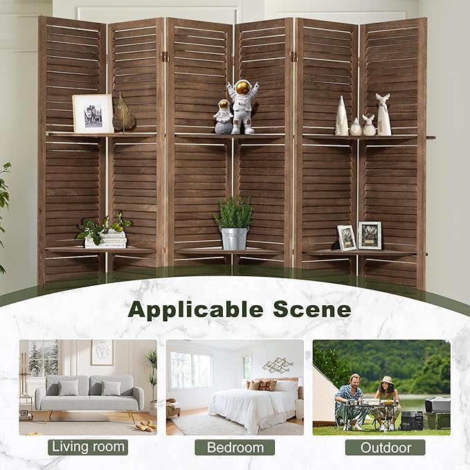 NicBex 6 Panel Room Divider 5.6FT Louvered Design Room Dividers with Display Storage Shelves Folding Privacy Screens Portable Freestanding Partition Wall Dividers for Home Bedroom Office, Dark Brown