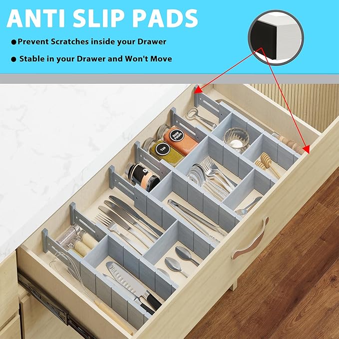 6 Pack Bamboo Drawer Dividers with 12 Inserts, Expandable Adjustable Clothes Drawer Organizers and Storage from 17" to 22" for Kitchen, Bedroom, Dresser, Cosmetics (Gray)