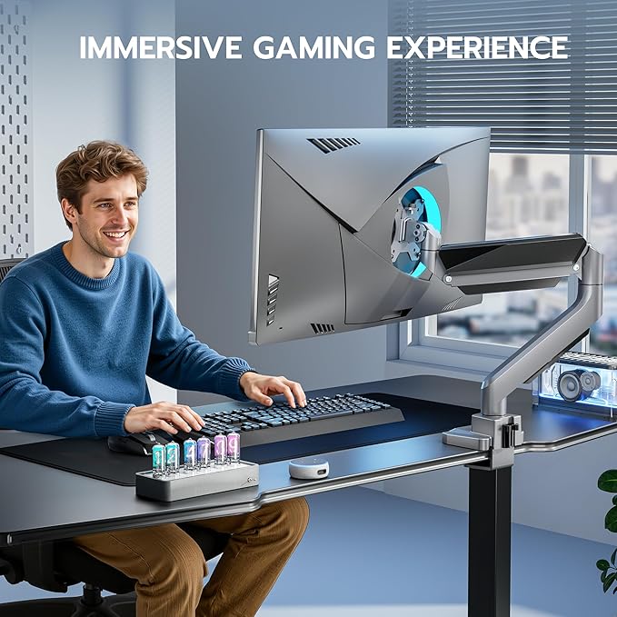 ARES WING Single Monitor Arm, Heavy Duty Adjustable Monitor Arm for 13"-45" Screens with USB, Gas Spring Desk Mount Stand with C Clamp/Grommet Mounting Base up to 40lbs Computer, Gray