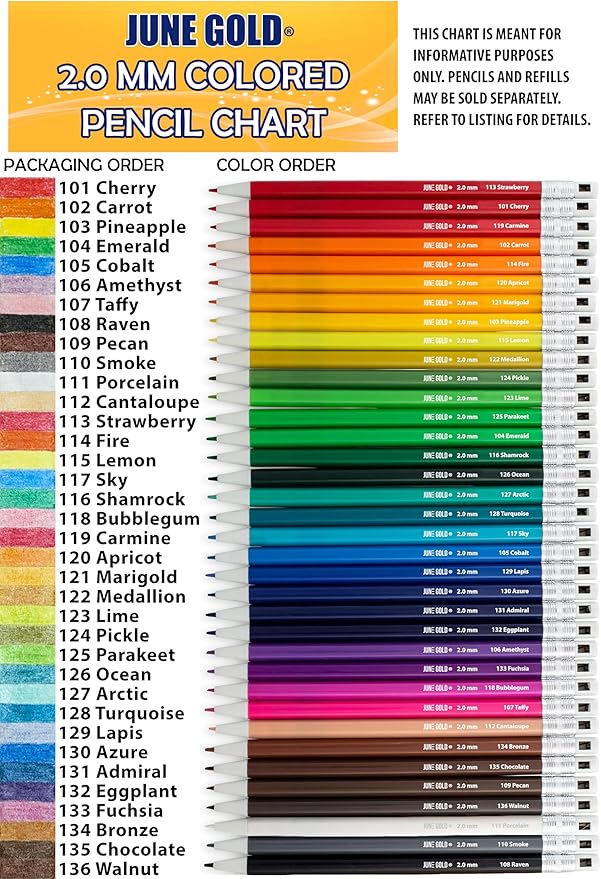 June Gold 36 Yellow (Marigold #121) Colored 2.0 mm Lead Refills, Bold Thickness for Heavy Use, Break Resistant with a Convenient Dispenser