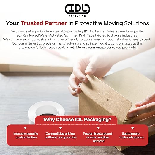 IDL Packaging 3" x 375 feet Reinforced Water-Activated Kraft Gummed Tape 70lb Thickness - Secure Paper Packing Tape for Secure Carton Sealing - Heavy-Duty for All Conditions, White