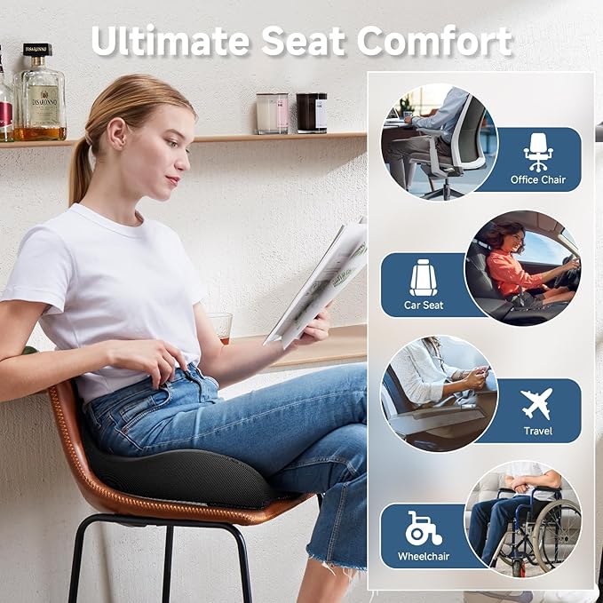 Benazcap Gel Seat Cushion for Office Chair Ergonomic Cushions-Gel & Memory Foam Coccyx Butt Pillow for Sciatica & Back Pain Relief for Long Sitting for Gaming Chair and Car Seat-Black