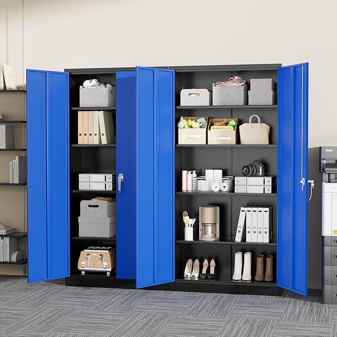 Greenvelly Metal Garage Storage Cabinet, 72" Tall Steel Storage Cabinets with 2 Doors and 4 Adjustable Shelves, Metal Tool Cabinets, Locking File Cabinet for Home Office, Garage, School (Black Blue)