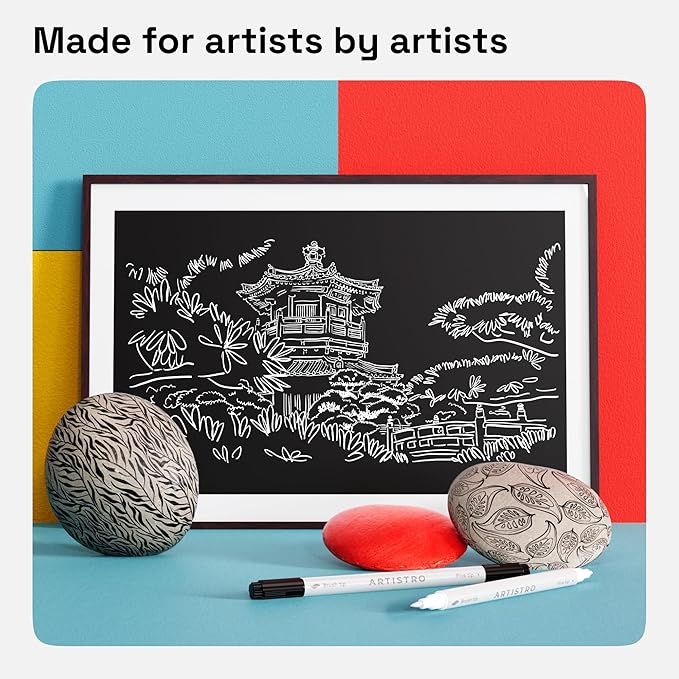 ARTISTRO 2 White Dual-Tip Acrylic Paint Pens - Multisurface Markers for Fabric, Plastic, & More, 5mm Dot + 1mm Fine Tips (Dual Tip Brush + Fine, Black&White)