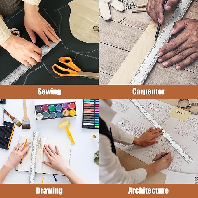 24 Inch Metal Ruler, Stainless Steel Straight Edge Ruler with Cork Backing, Non-Slip Imperial & Metric Measuring Tool for School, Office, Woodworking, Drafting